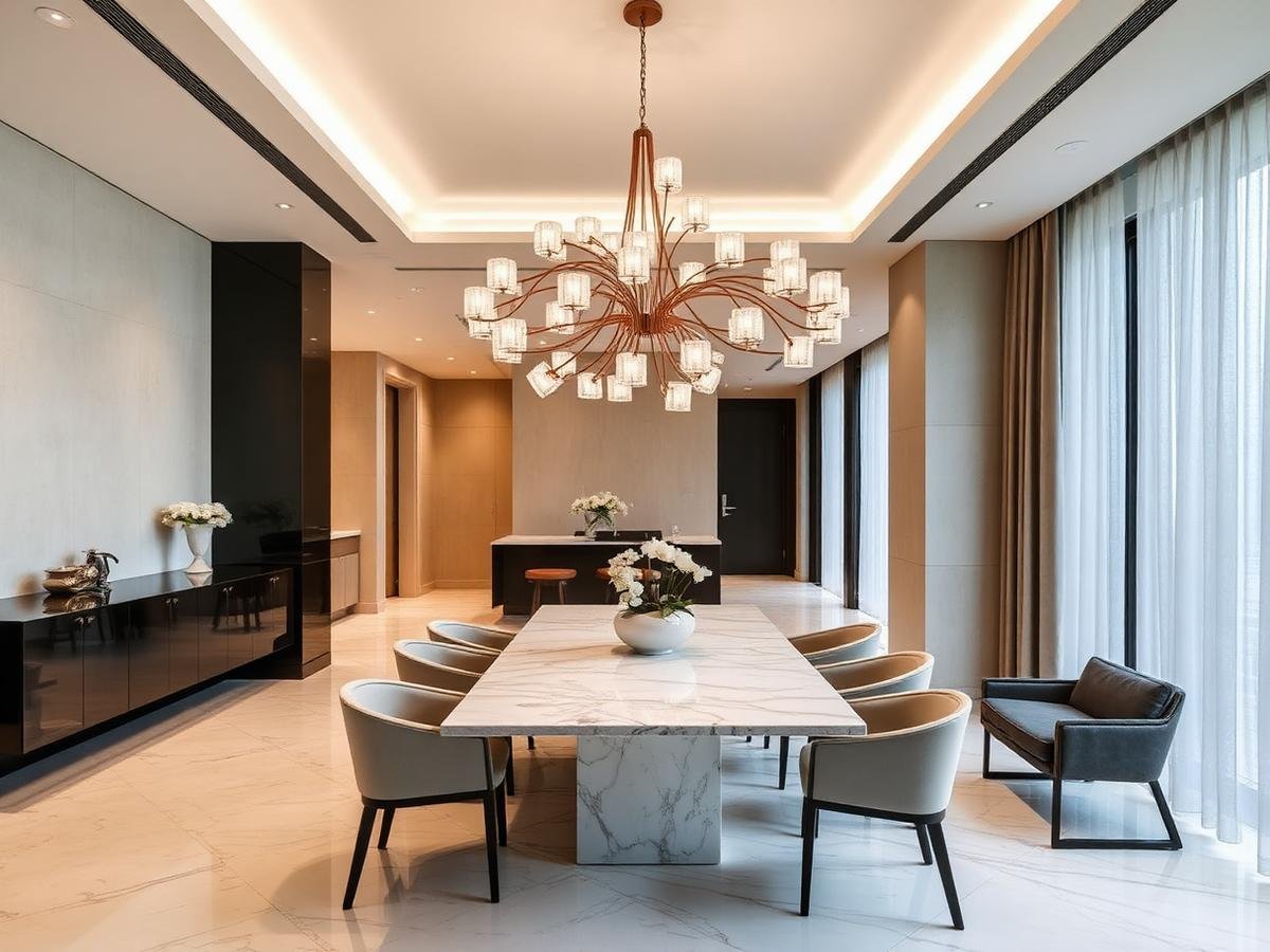 Luxury dining hall designed by RV Homes Interiors